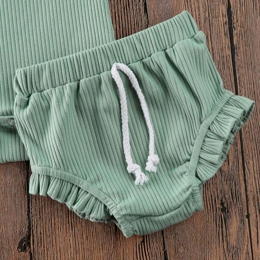 Baby Girl Boy Ribbed 2Pcs Set Sage Green Bodysuit & Ruffle Bloomer Outfit 12-18M